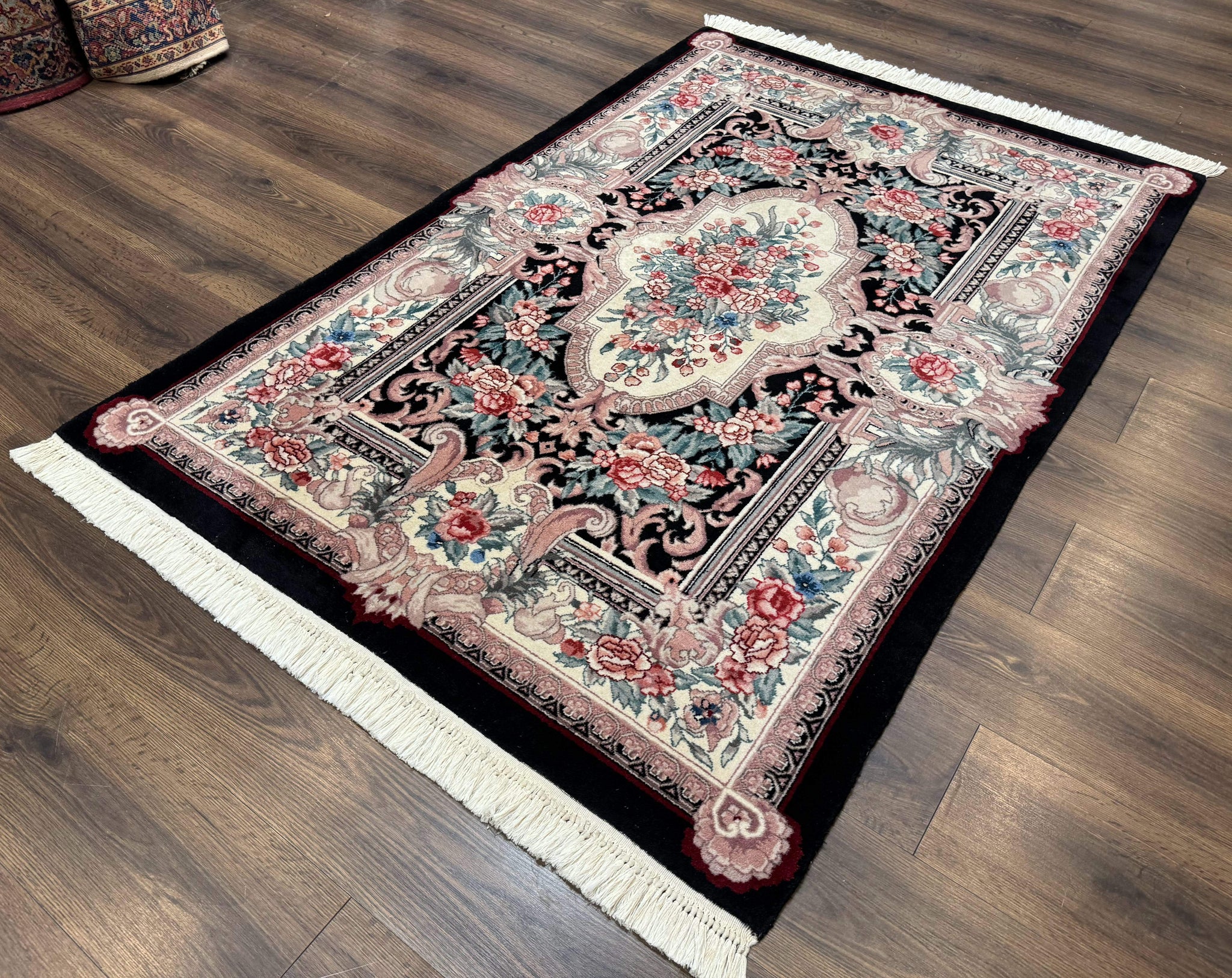 Aubusson Rug 4x6, Elegant European Floral Design, Black and Ivory, Fine 200 KPSI by Jewel Rugs