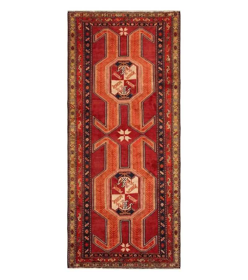 4' 10" X 11' Antique Handmade Turkish Kazak Wool Rug SHIELD Hand Knotted Red by Jewel Rugs
