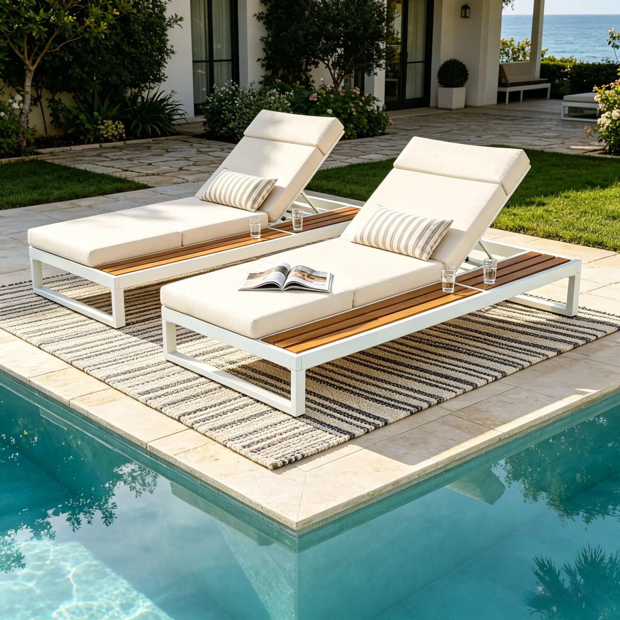 White Iron & Teak Finish Chaise Lounge Set: 1 Frame + 1 4-Fold by HouseOfZazla