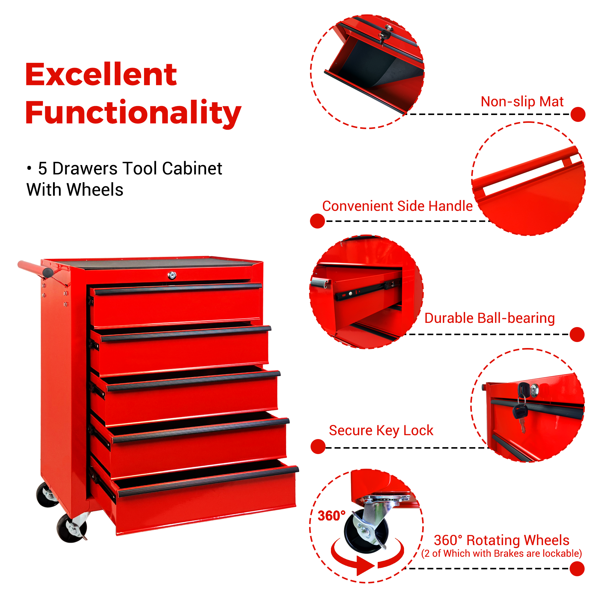 Rolling Metal Tool Chest with 5 Drawers, 20" Steel Cabinet - Red by HouseOfZazla