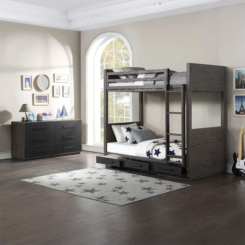 Estevon - Twin Over Twin Bunk Bed With Storage - Gray Oak by Unique Piece Furniture