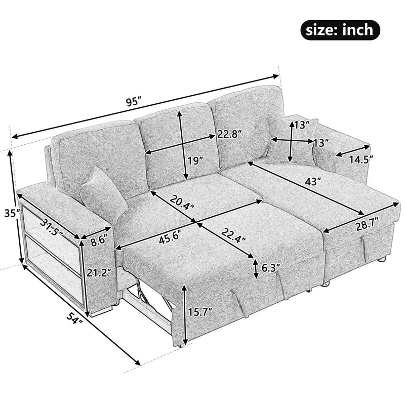 Reversible Sleeper Sectional Sofa Bed With Side Shelf And 2 Stools, Pull-Out L-Shaped Sofa Bed, Corner Sofa-Bed With Storage Chaise Left / Right Hande For Living Room by HouseOfZazla