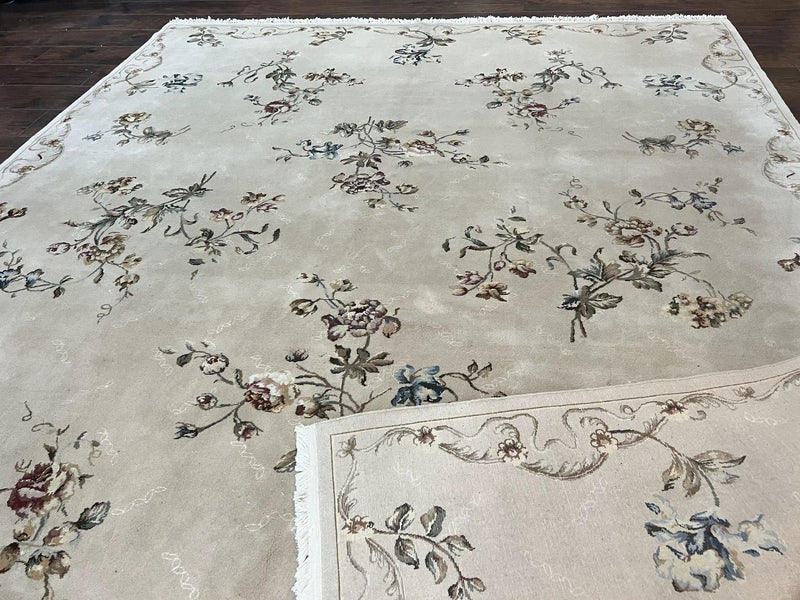 Chinese 120 Line Rug 8x10, Chinese Aubusson Wool & Silk Highlights Handmade Vintage Carpet, Beige Fine Weave Rug, Floral European Design by Jewel Rugs