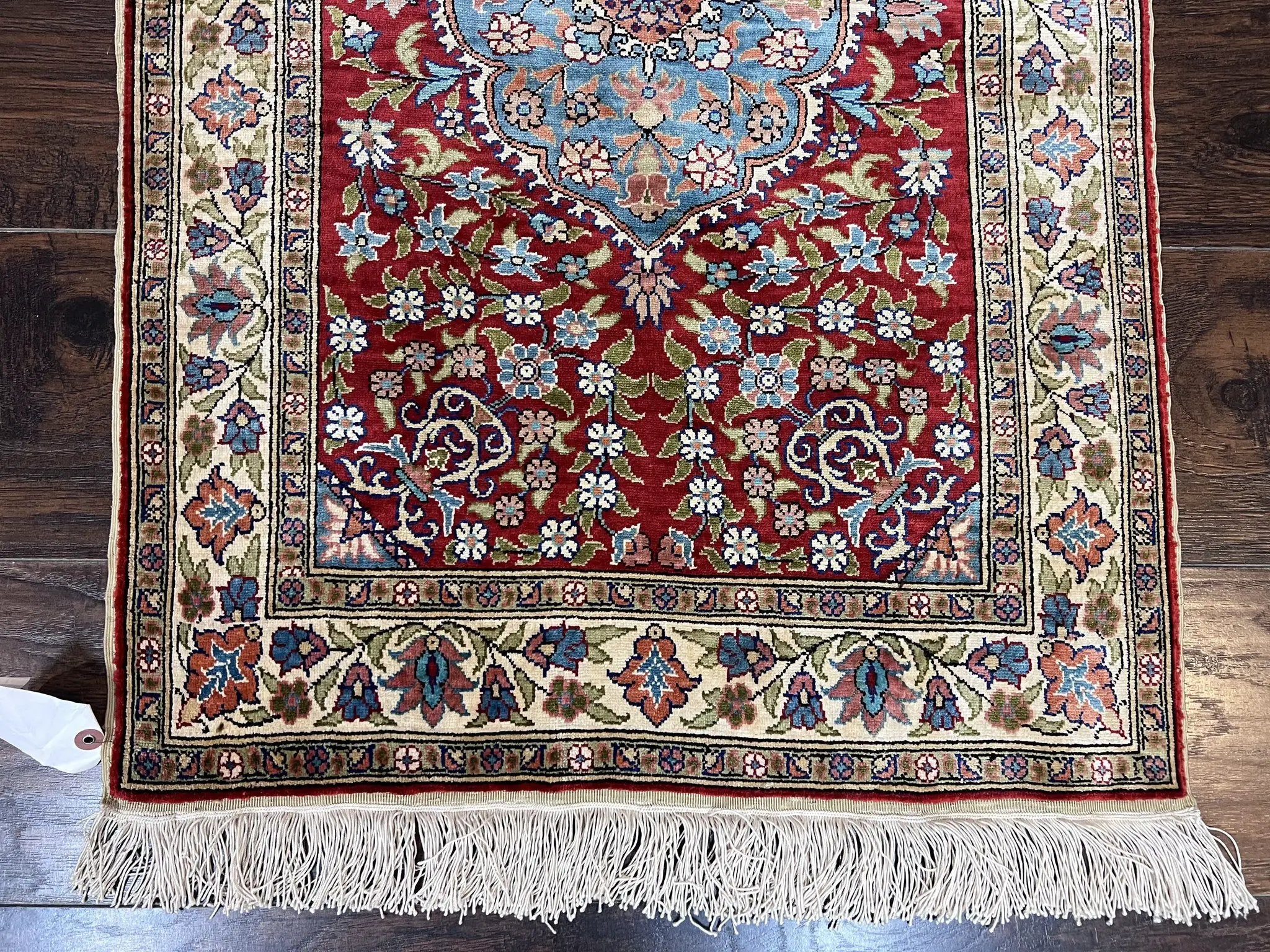 Silk Turkish Kayseri Rug 2x3, Small All Silk Turkish Carpet, Red and Light Blue, Very Fine Hand Knotted Semi Antique Vintage Handmade Rug by Jewel Rugs