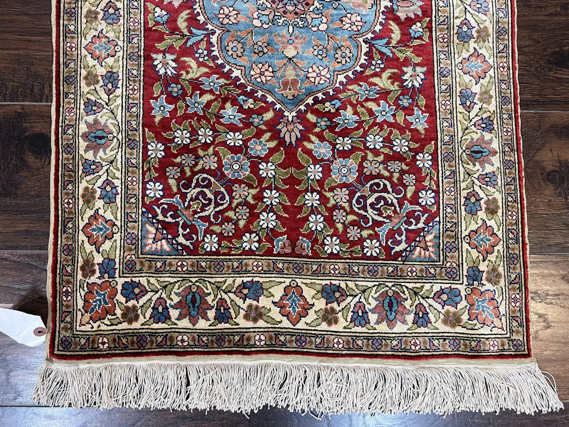 Silk Turkish Kayseri Rug 2x3, Small All Silk Turkish Carpet, Red and Light Blue, Very Fine Hand Knotted Semi Antique Vintage Handmade Rug by Jewel Rugs