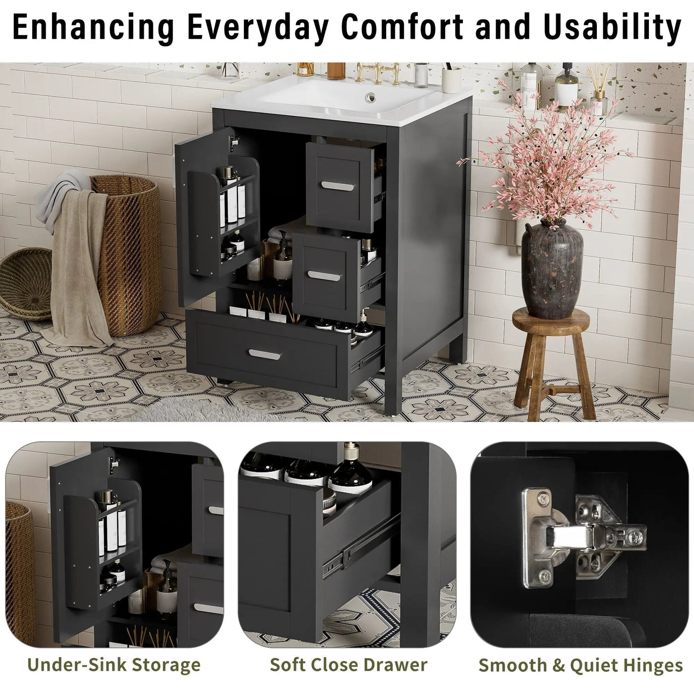 Bathroom Vanity With Sink, Soft-Close Doors, Double-Layer Shelf And 3 Drawers by Unique Piece Furniture