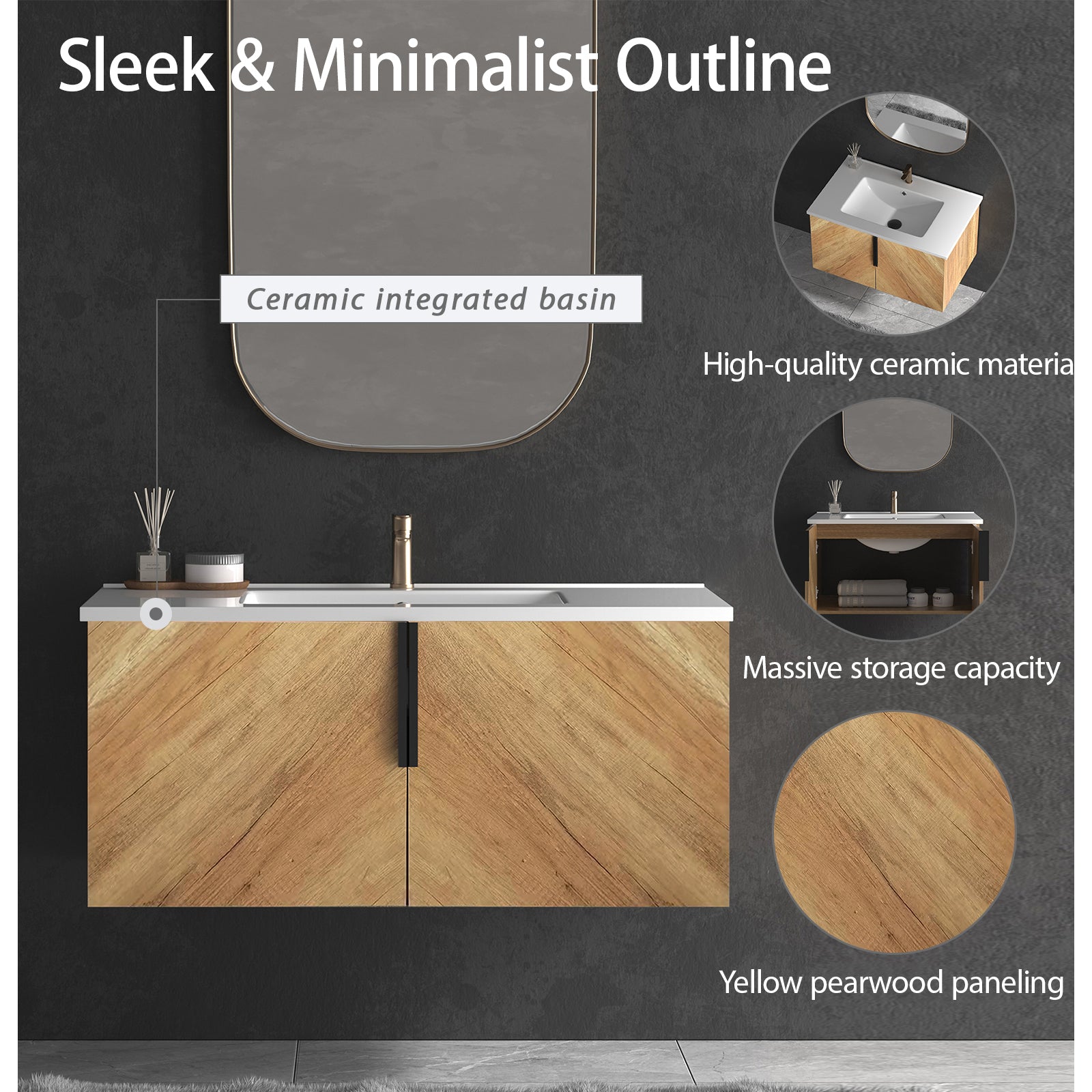 36 Inch Wall-Mounted Bathroom Vanity with 3D Fluted Panel & Ceramic Integrated Sink by HouseOfZazla