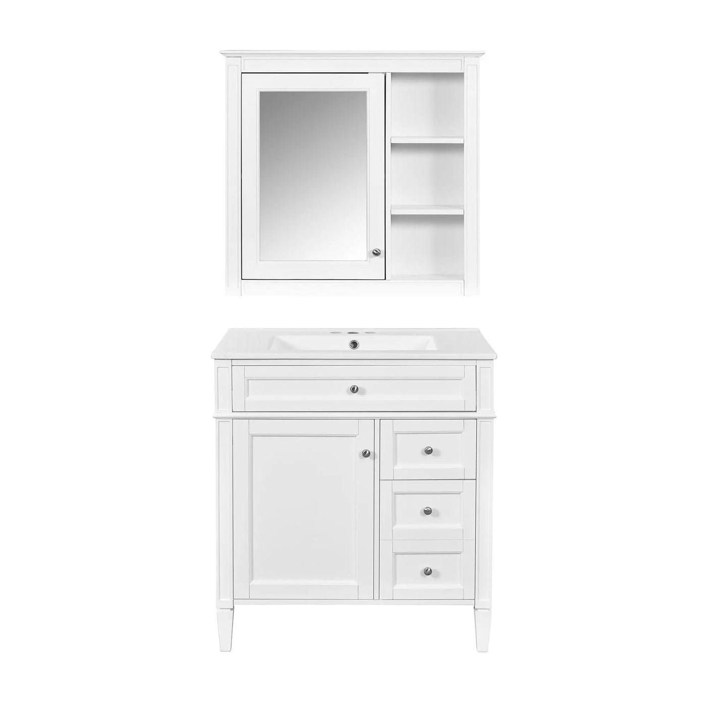 Bathroom Vanity With Top Sink, 2 Doors And 3 Drawers, Freestanding Set With Mirror Cabinet by Unique Piece Furniture