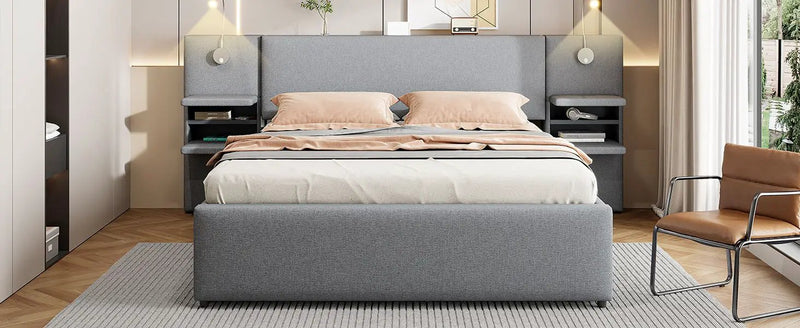 Upholstered Platform Bed With Reading Lights, Drawers, Trundle And Shelves by HouseOfZazla