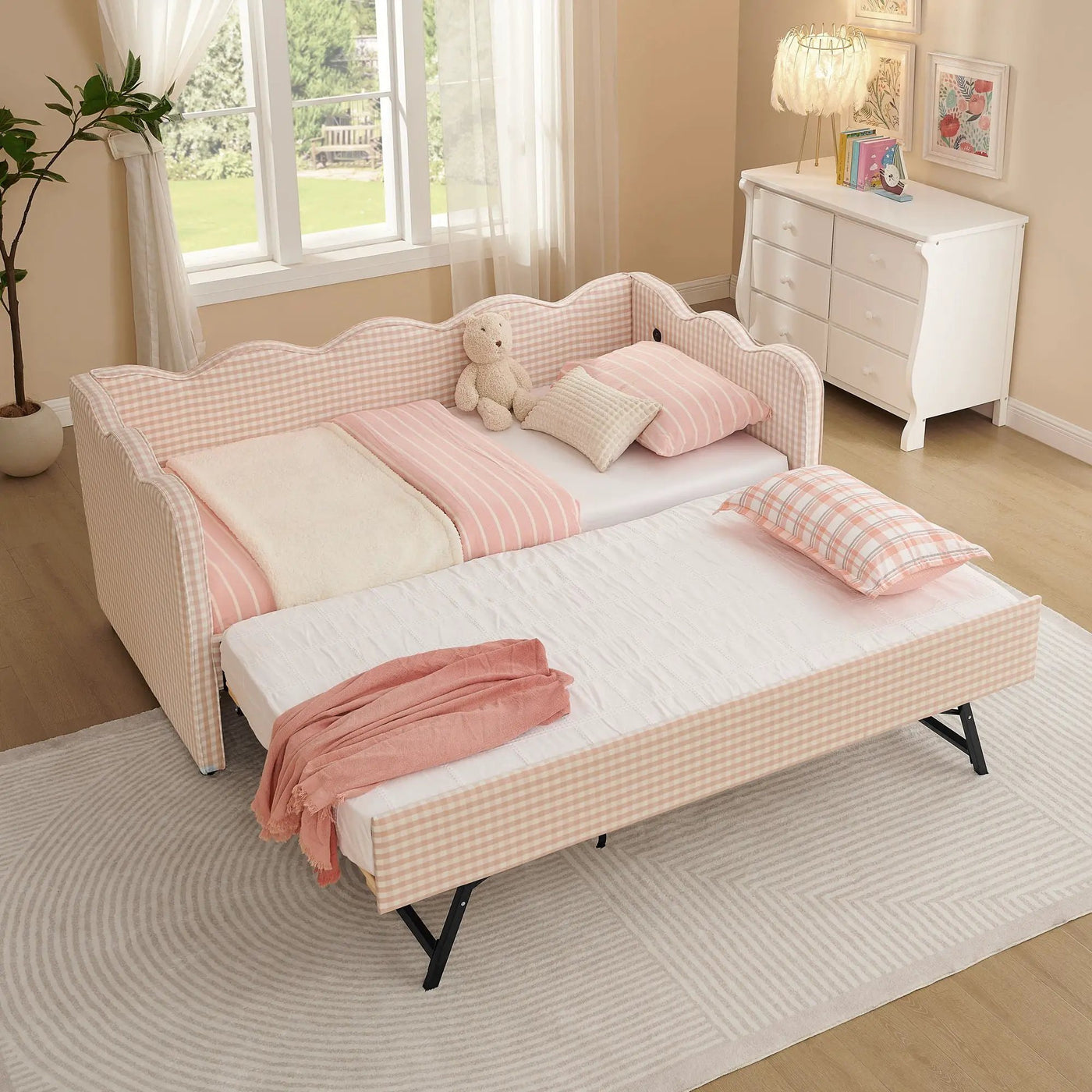 Gingham Daybed With USB Charging Port, Wave Shaped Design by Unique Piece Furniture