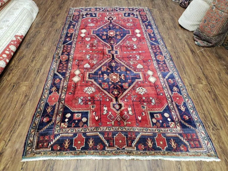 Antique Persian Zanjan Nahavand Heriz Rug, Red & Blue, Hand-Knotted, 5' x 9' 7" by Jewel Rugs