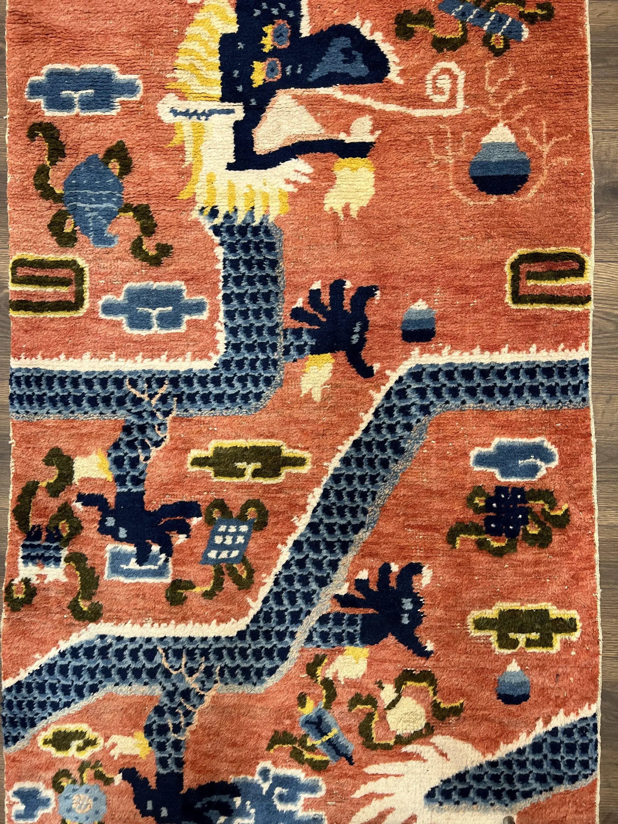 Rare Chinese Ningxia Pillar Rug 3x8, Late Qing Dynasty, 5 Clawed Dragon, Cloud Rainbow Border, Collectible Antique Carpet, Wool Hand Knotted by Jewel Rugs
