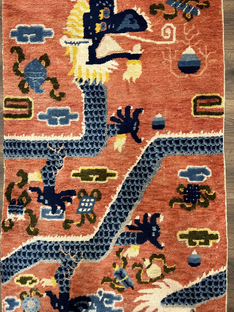 Rare Chinese Ningxia Pillar Rug 3x8, Late Qing Dynasty, 5 Clawed Dragon, Cloud Rainbow Border, Collectible Antique Carpet, Wool Hand Knotted by Jewel Rugs