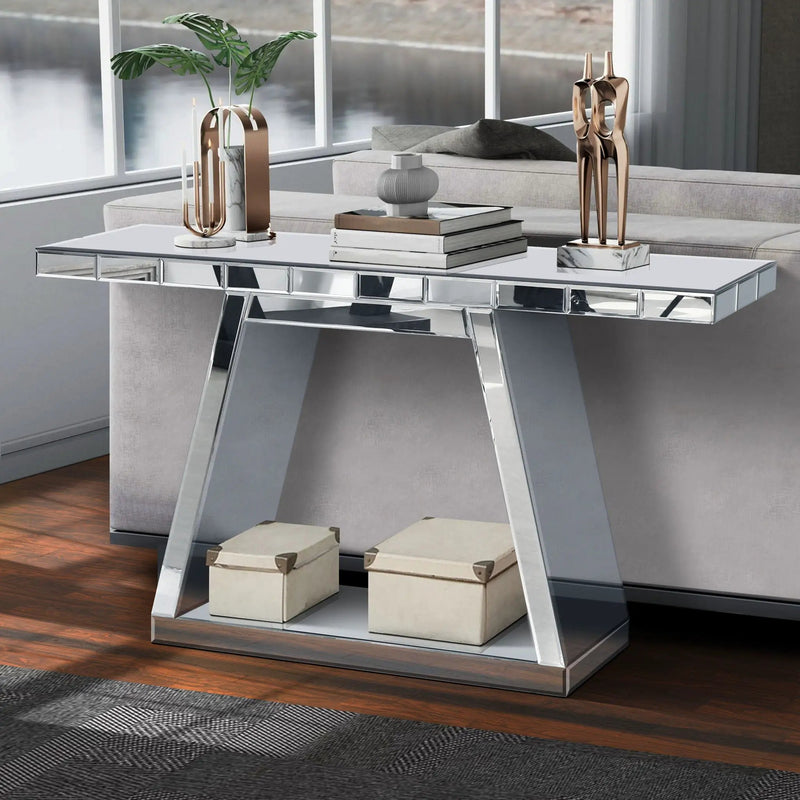 Modern Luxe Full Body Mirror Entryway Table With Trapezoid Base, 360° Reflective Console, Scratch Resistant, Open Storage - Silver by HouseOfZazla