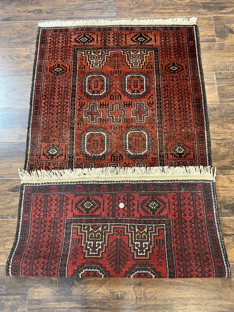 Antique Persian Turkoman Rug 3x6, Wool Tribal Handmade Carpet, Red and Black by Jewel Rugs