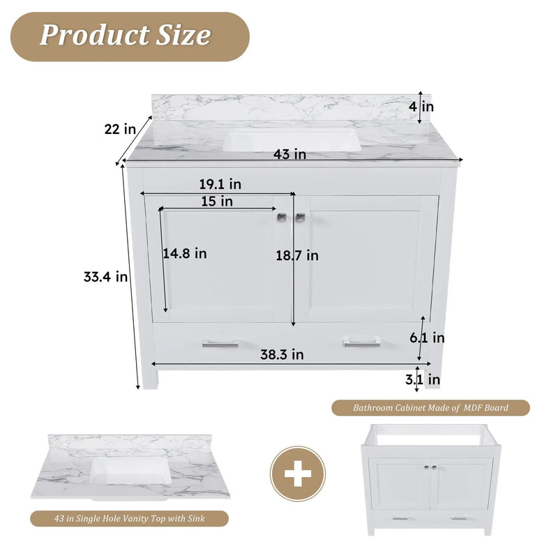 43" Bathroom Vanity, Multi Functional Cabinet - White by HouseOfZazla