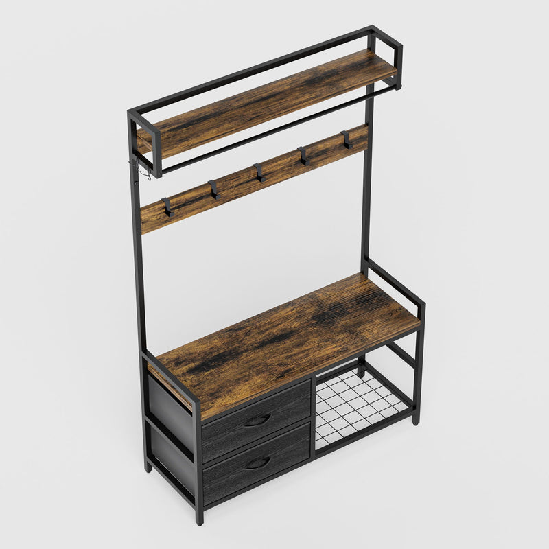 Hall Tree With 2 Movable Drawers, Shoe Storage, Shelves, Garment Racks, And 23 Hooks For Entryway - Rustic Brown by HouseOfZazla