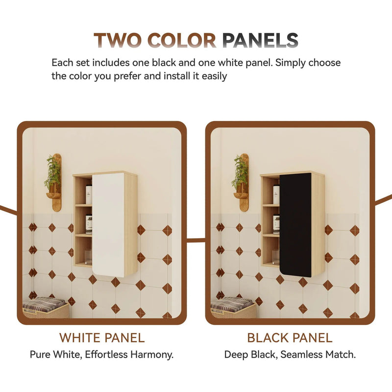 Wall Mounted Bathroom Side Cabinet, Single Door With 3 Tier Open Shelves - Black / Light Oak / White by HouseOfZazla