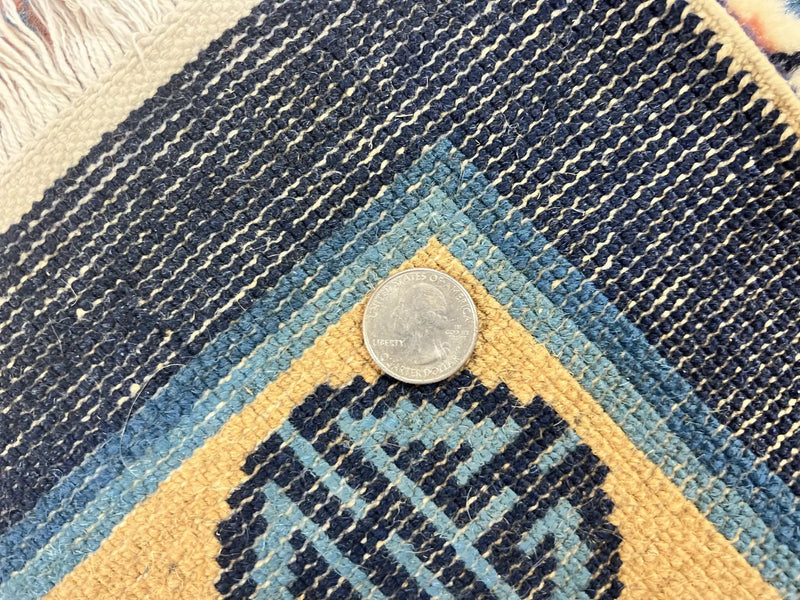 Chinese Peking Rug 5x8, Vintage Semi Antique Chinese Art Deco Carpet, Wool Pile Light Red/Salmon Gold Navy Blue, Handmade Asian Oriental Rug by Jewel Rugs