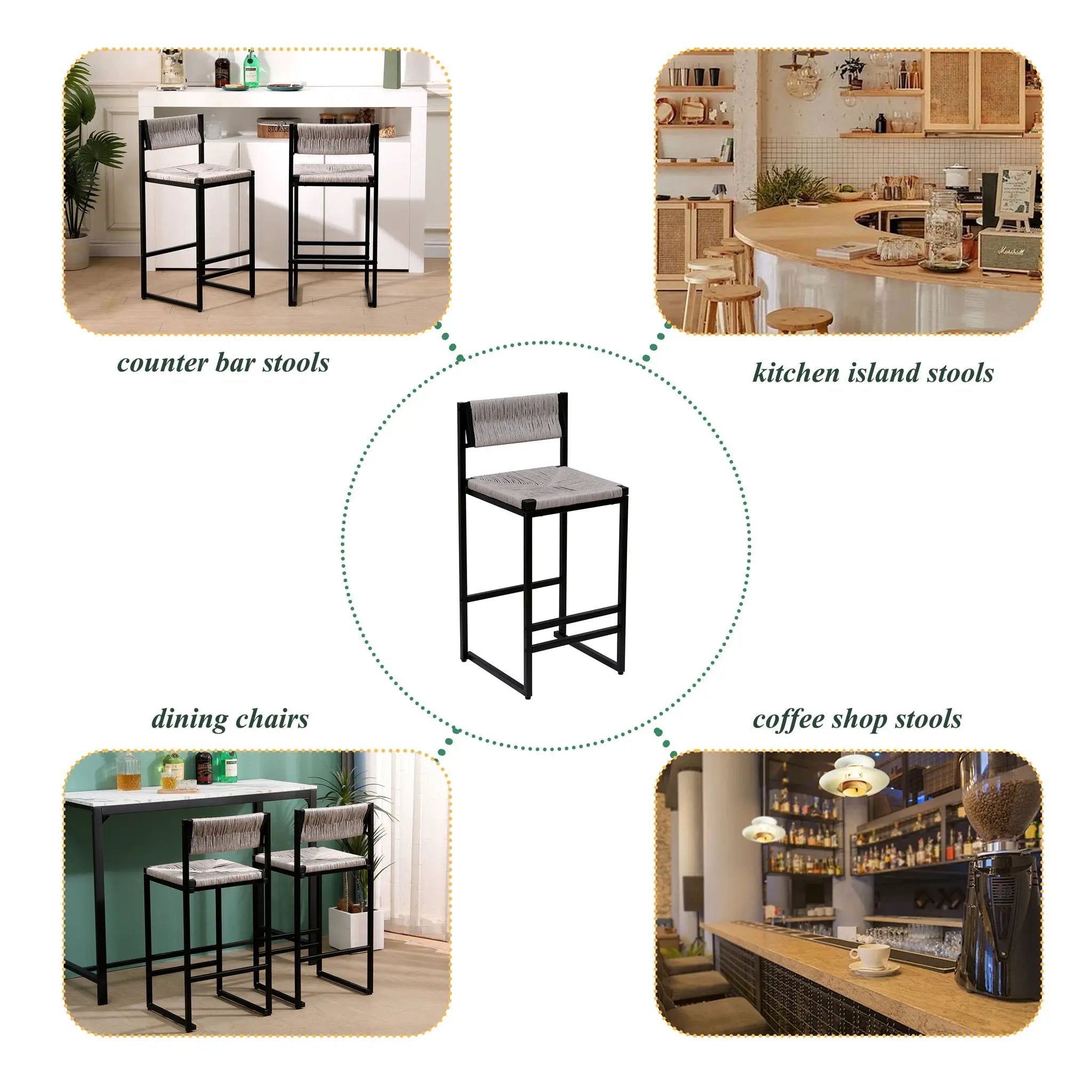Bar Stools Paper Rope Weave Dining Chairs With Back Hand Weave Stools For Kichen Island, Bar & Counter (Set of 2) by HouseOfZazla