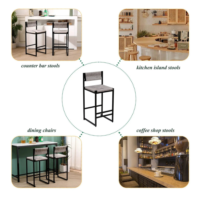 Bar Stools Paper Rope Weave Dining Chairs With Back Hand Weave Stools For Kichen Island, Bar & Counter (Set of 2) by HouseOfZazla