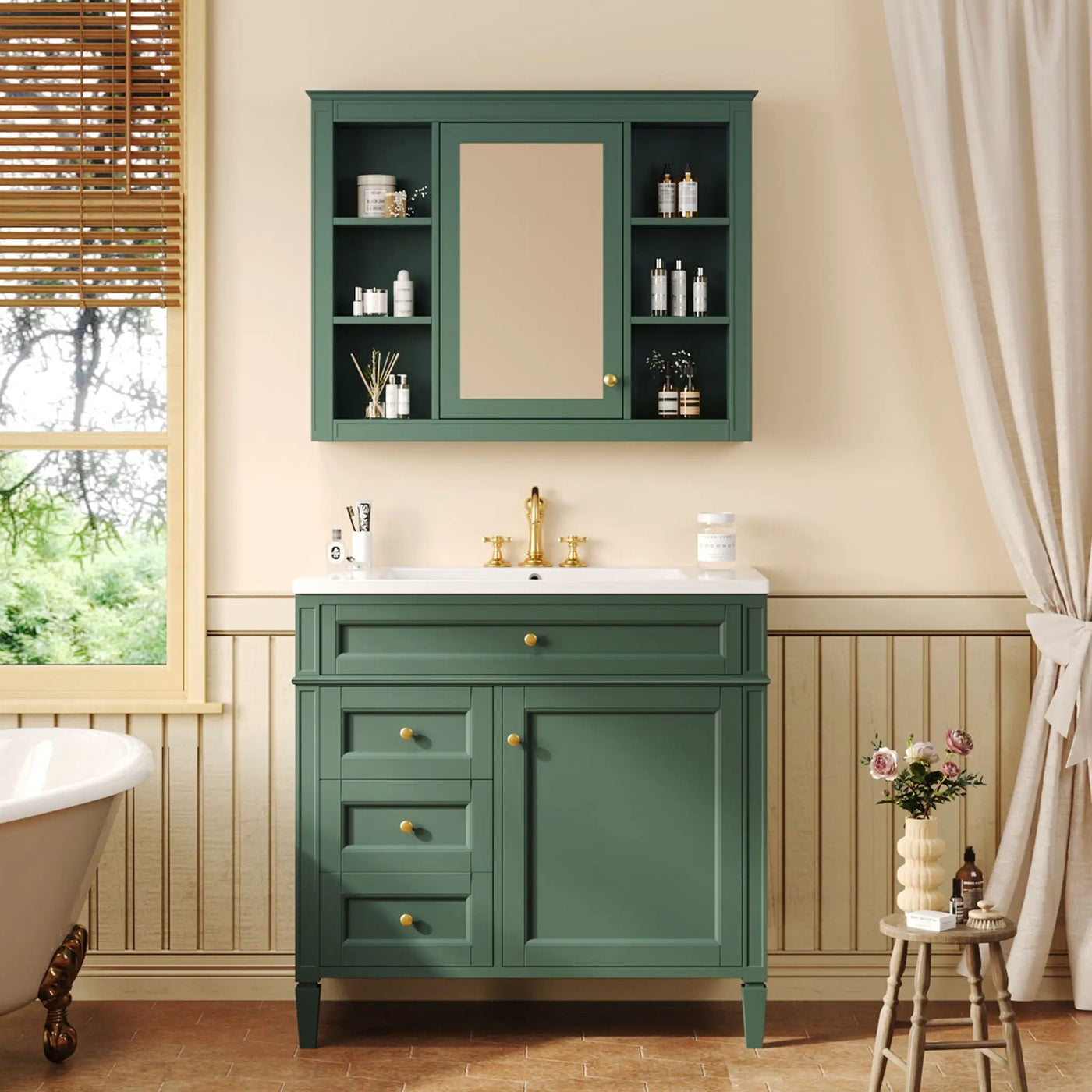 Bathroom Vanity With Mirror Cabinet, Single Sink With 2 Soft Closing Doors And 4 Drawers by HouseOfZazla