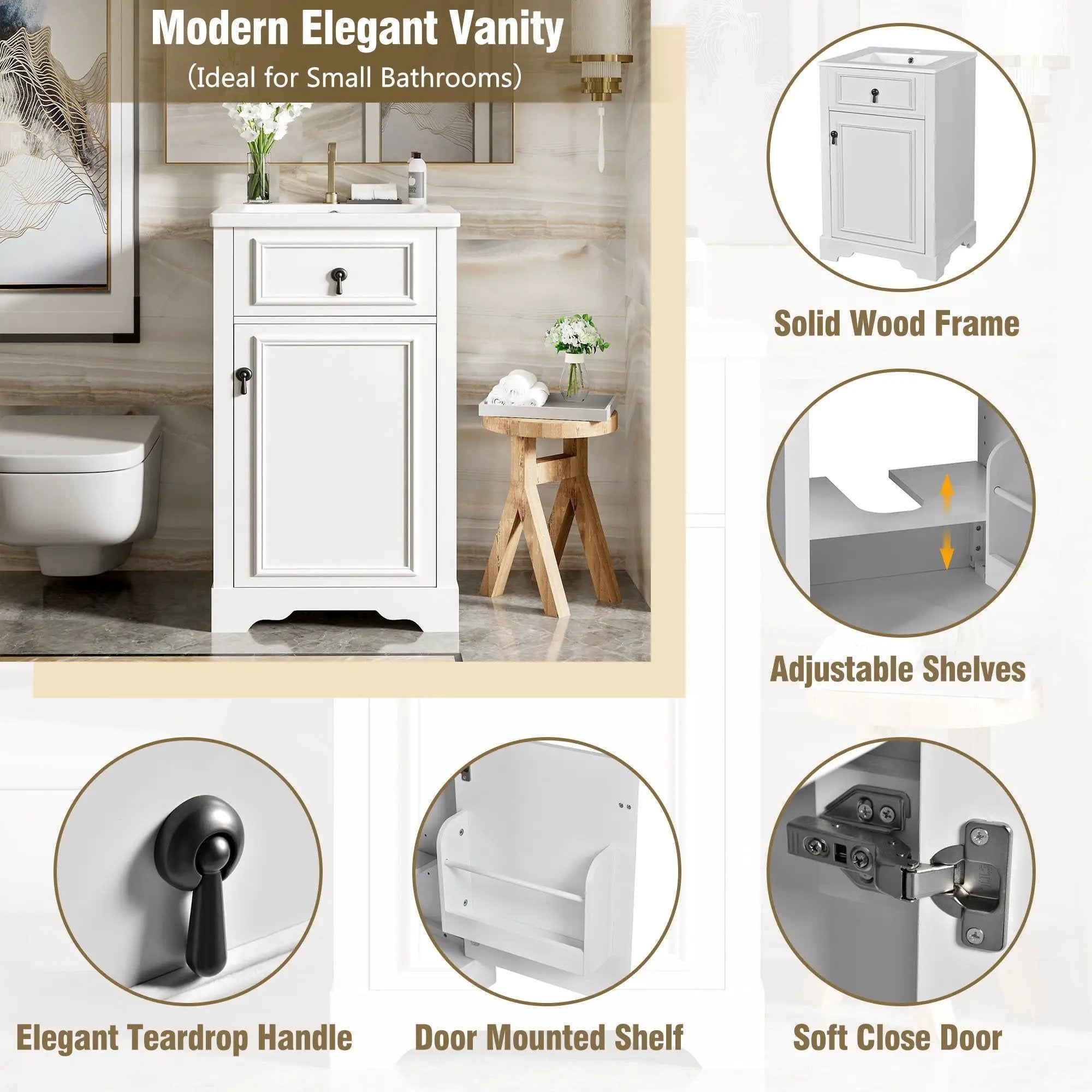 Elegant Bathroom Vanity With Ceramic Sink, Soft Close Door, Adjustable Shelf by Unique Piece Furniture