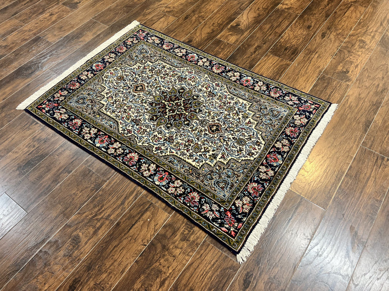 Persian Qum Rug 3x5, Wool with Silk Highlights, Handmade Semi Antique Carpet, Ivory & Navy Blue, Floral Medallion, Finely Hand Knotted by Jewel Rugs