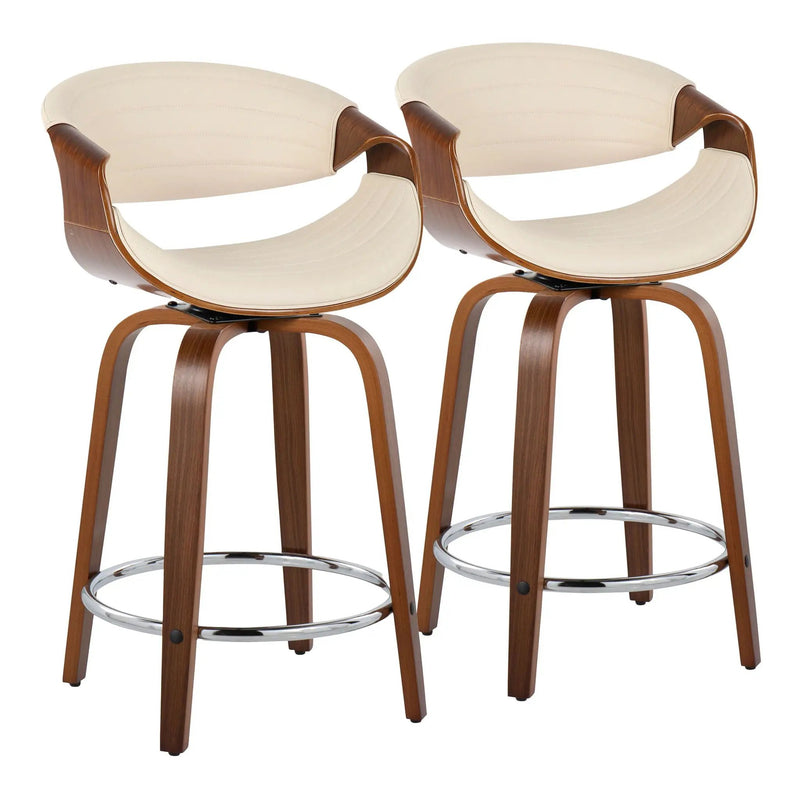 Symphony - Mid-Century Modern Fixed Height Counter Stool With Swivel And Round Footrest (Set of 2) - Walnut / Cream by HouseOfZazla
