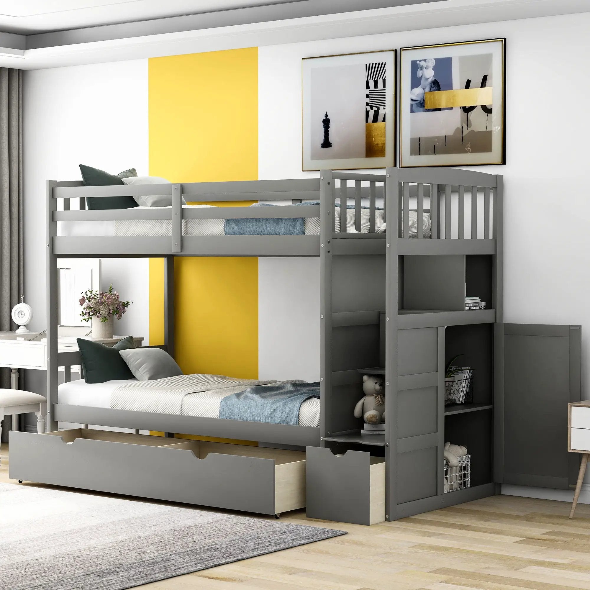Bunk Bed, Convertible Bottom Bed, Storage Shelves And Drawers by Unique Piece Furniture