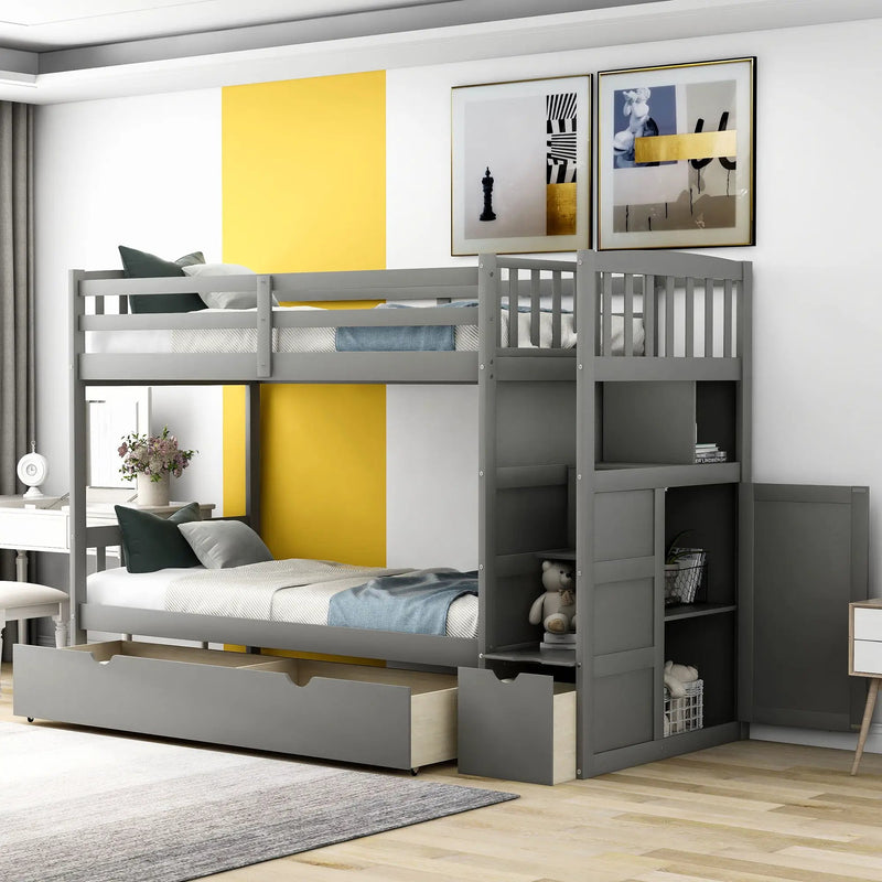 Bunk Bed, Convertible Bottom Bed, Storage Shelves And Drawers by Unique Piece Furniture