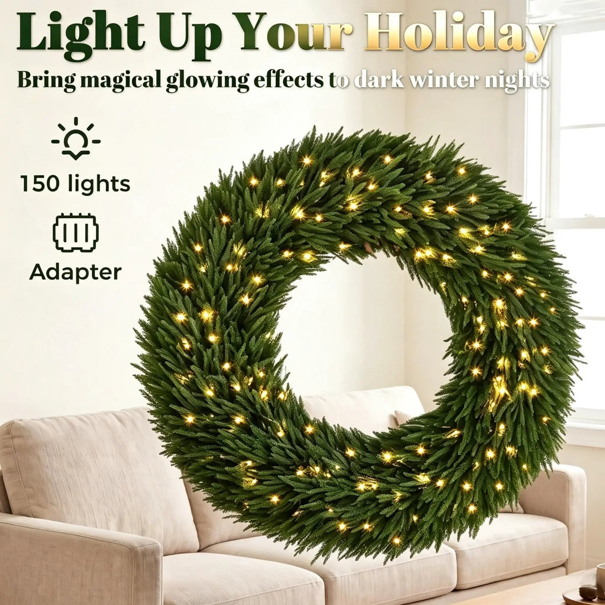 48 In Artificial Norfolk Pine Christmas Wreath, Pre-Lit by HouseOfZazla