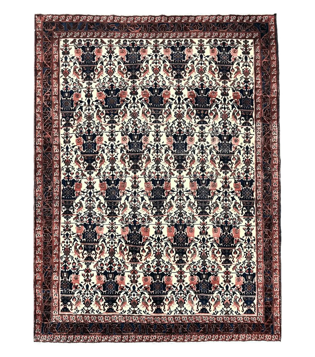 Persian Afshar Rug 6x8, Wool Hand Knotted Semi Antique Vintage Carpet, Floral Allover, Repeated Birds Flowers Vases Motifs by Jewel Rugs
