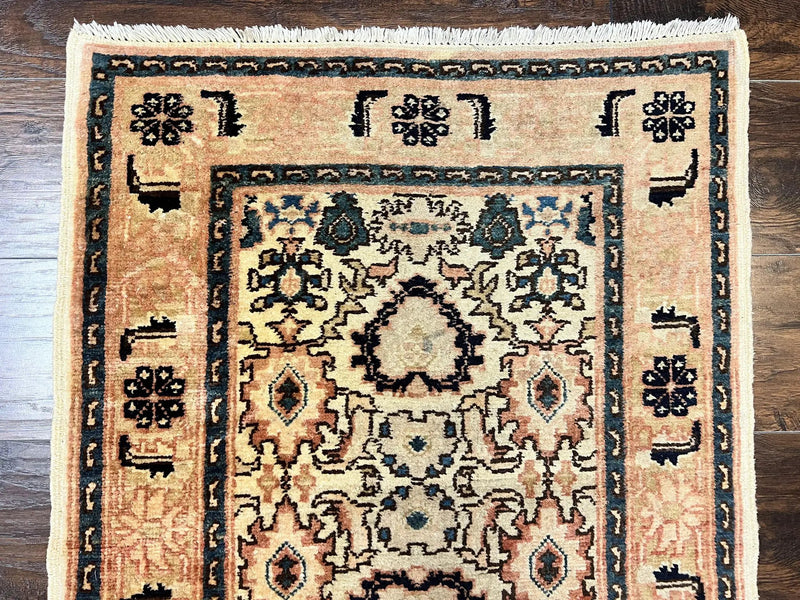 Romanian Runner Rug 2.6 x 12.9, Wool Handmade Hand Knotted Skinny Runner for Hallway, Floral Allover, Vintage Tan Runner by Jewel Rugs
