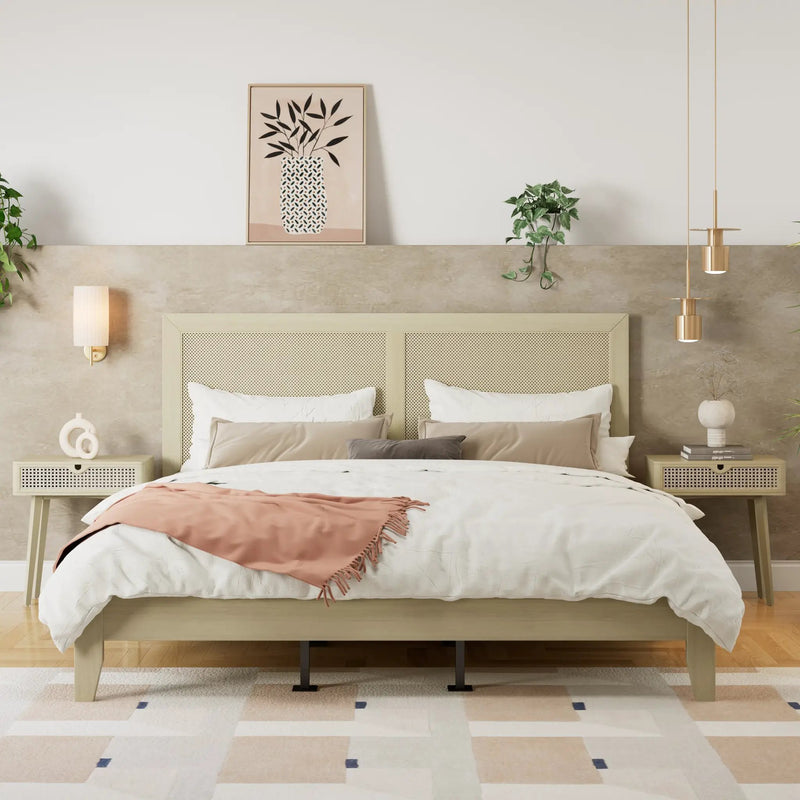 Solid Wood Platform California King Bed With Rattan by HouseOfZazla