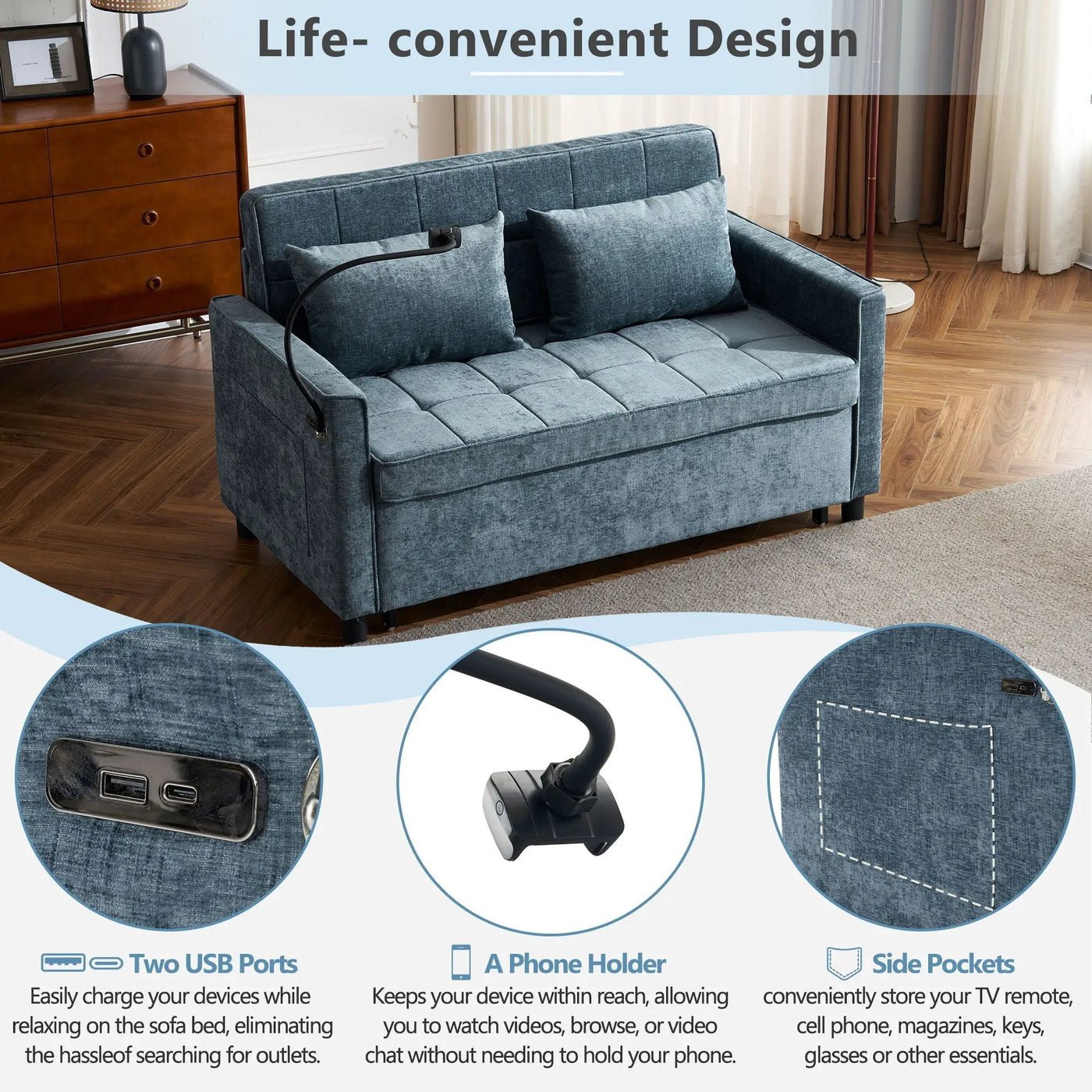 Pull-Out Sleeper Sofa With Reversible Backrest Cushion, Side Pockets, 2 USB Ports And A Phone Holder For Living Room by Unique Piece Furniture