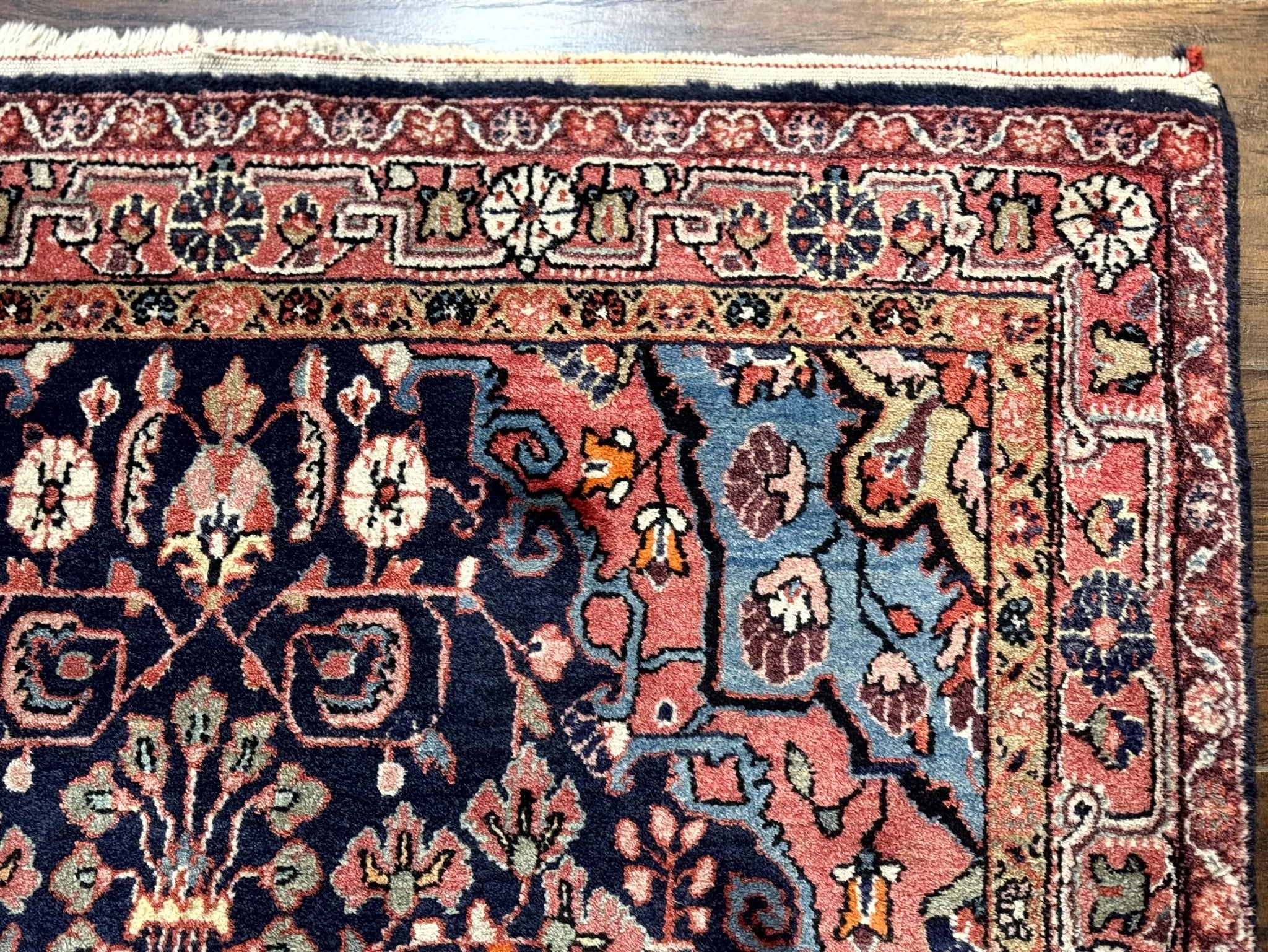 Persian Rug 3x5, Jozan Sarouk Rug, Navy Blue and Coral, Medallion Rug, Semi Antique by Jewel Rugs