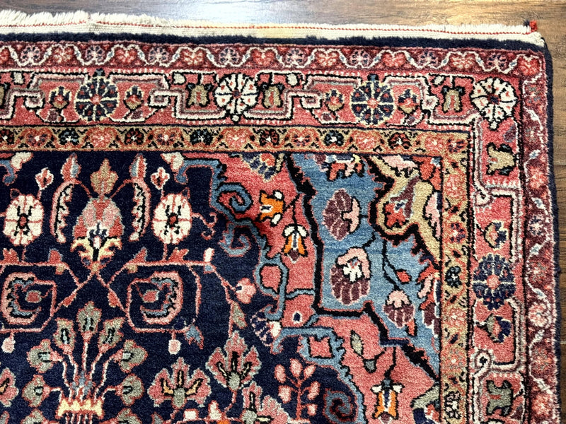 Persian Rug 3x5, Jozan Sarouk Rug, Navy Blue and Coral, Medallion Rug, Semi Antique by Jewel Rugs