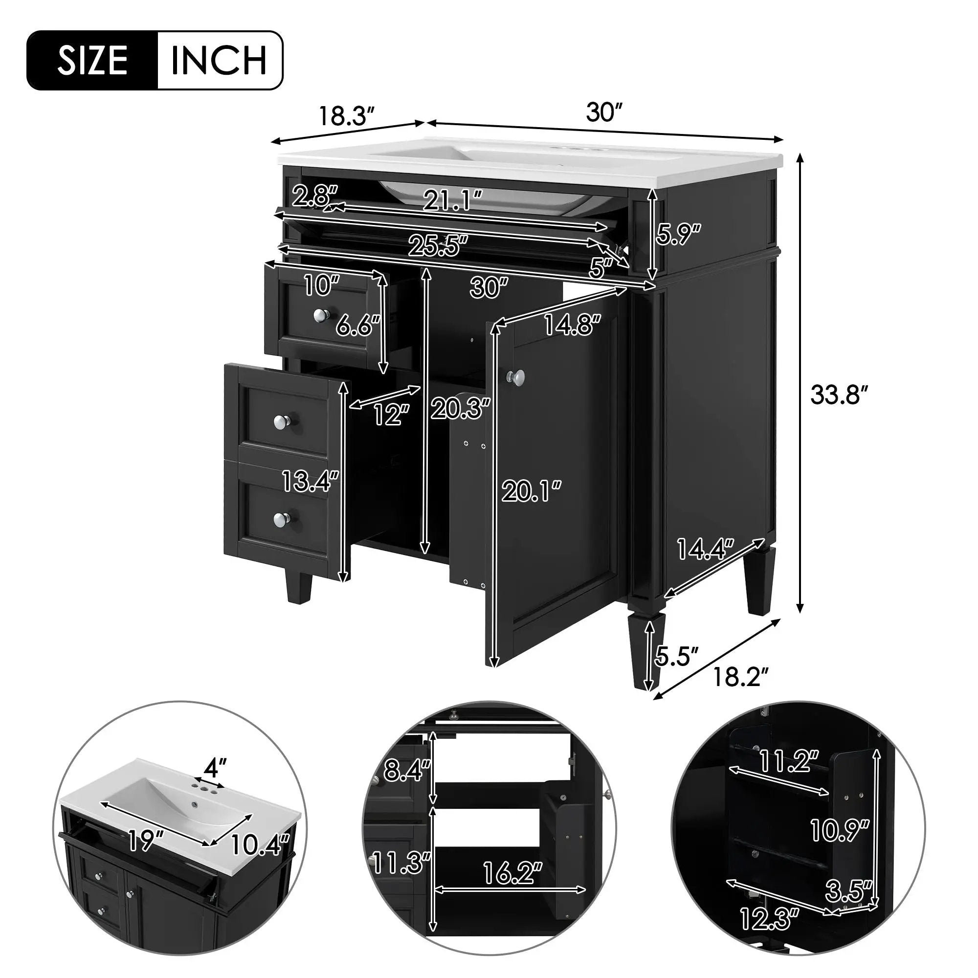Bathroom Vanity With Top Sink, Storage Cabinet With 2 Drawers, Tip Out Drawer by Unique Piece Furniture