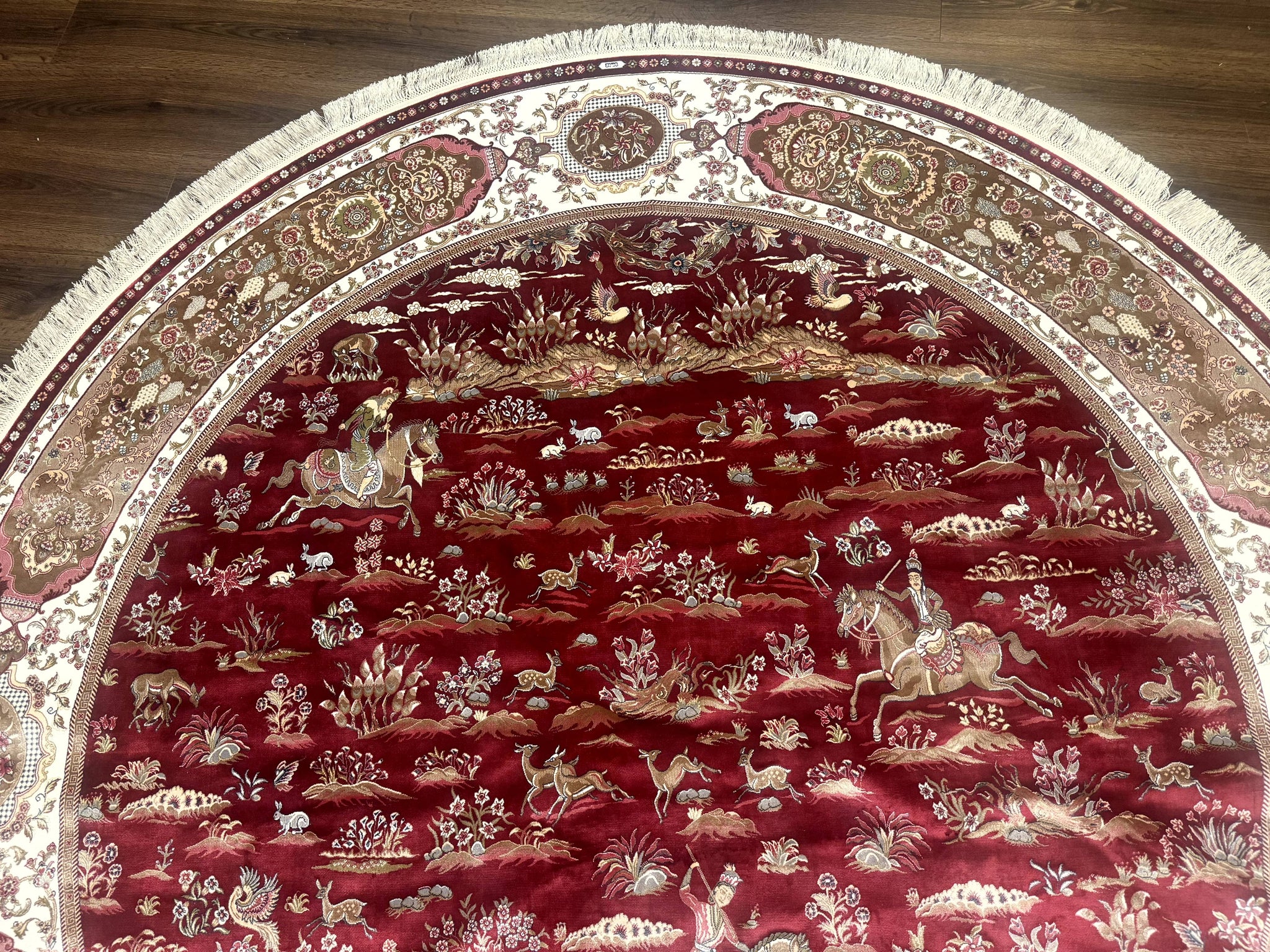 Large Round Turkish Silk Rug 8x8, Hunting Design, Dark Red & Ivory, Bamboo Silk by Jewel Rugs