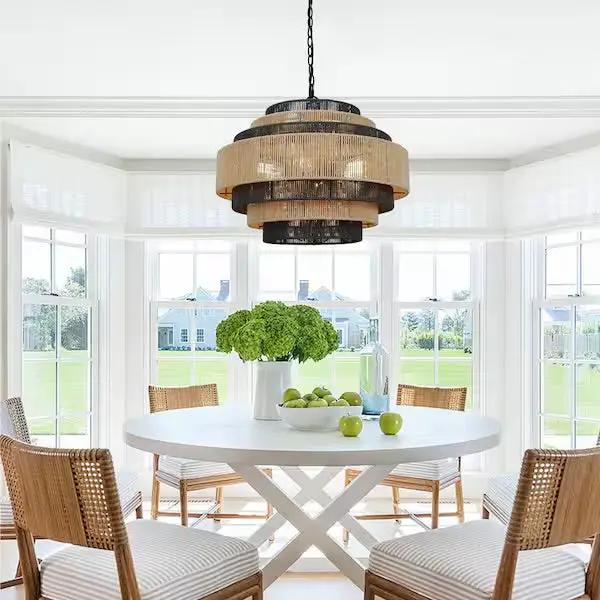 Open Box Prime Ray Luster Boho 24 in. 6-Light 7-Tier Hand Woven Rattan Pendant Chandelier Light with Large Shade and Black Finish by Selzalot