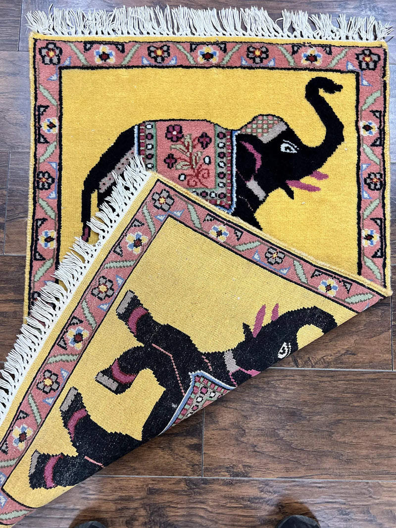 Unique Indian Pictorial Rug 2x3, Small Wool Hand Knotted Oriental Carpet, Yellow, Two Elephants, Handmade by Jewel Rugs