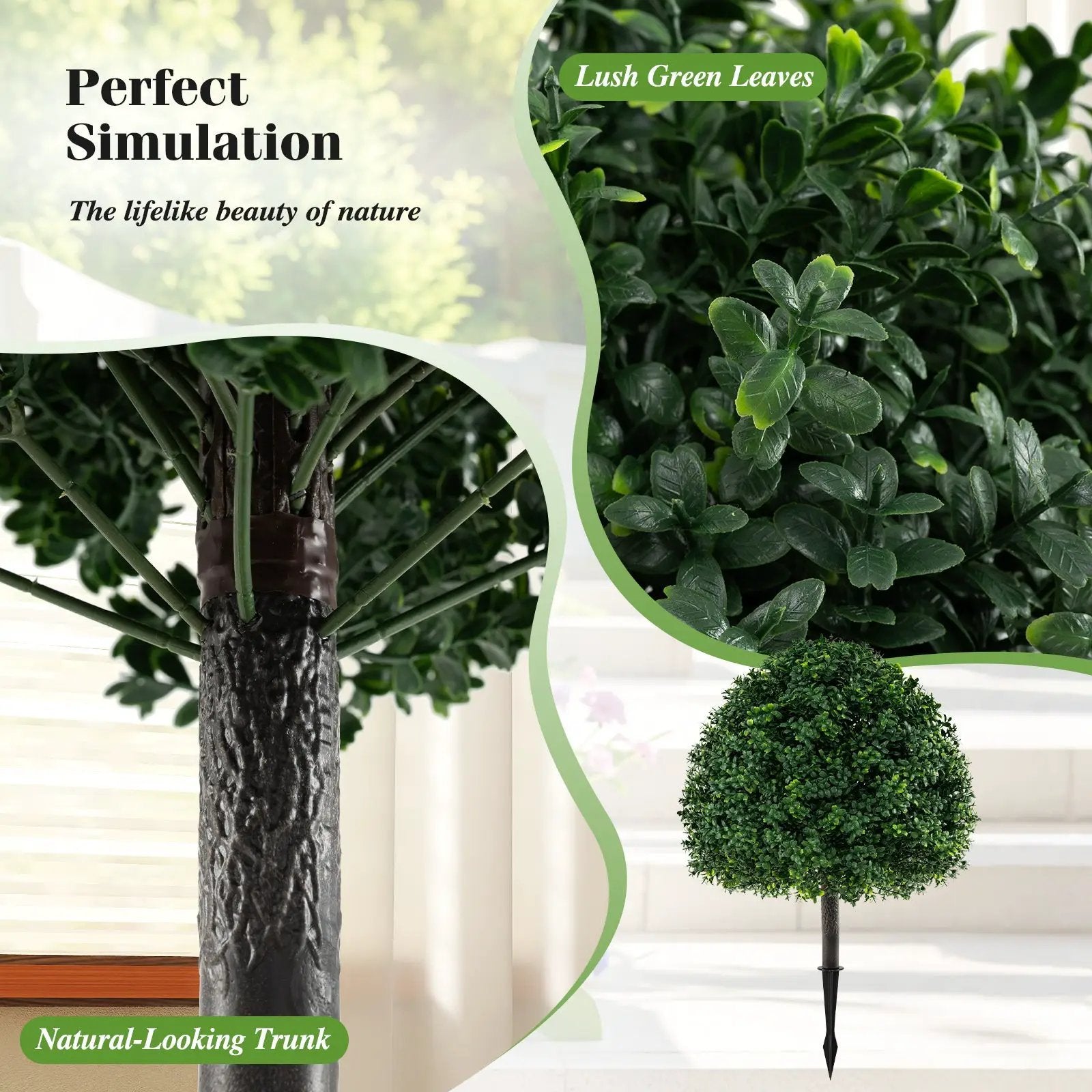 28 Inches Artificial Boxwood Topiary Ball Tree Set of 2 with Ground Spike-Green by DirectDeals