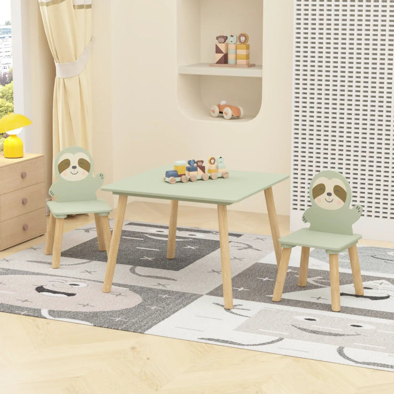 Sloth Themed Table And Chair Set With 2 Cute Animal Chairs - Natural Wood / Sage Green by Unique Piece Furniture