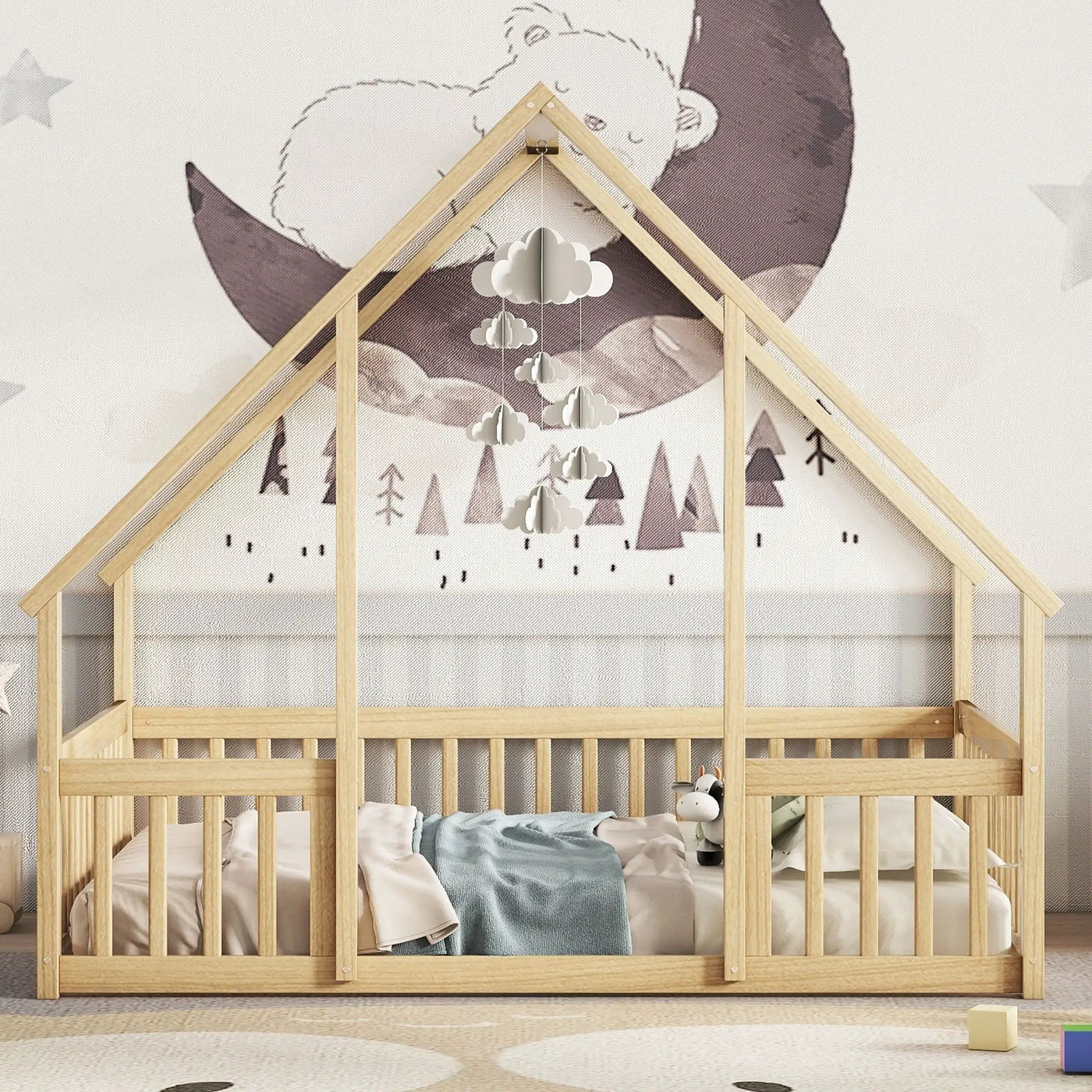 Wood House-Shaped Floor Bed With Fence, Guardrails by Unique Piece Furniture