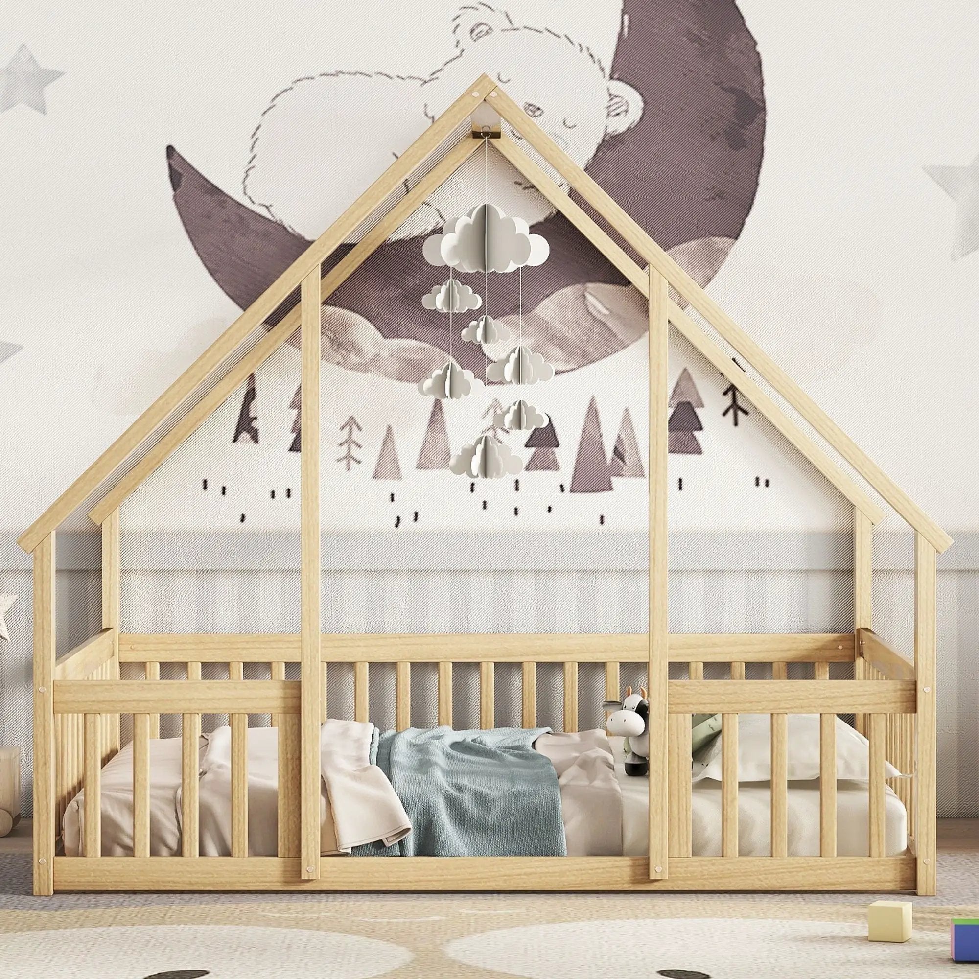 Wood House-Shaped Floor Bed With Fence, Guardrails by HouseOfZazla