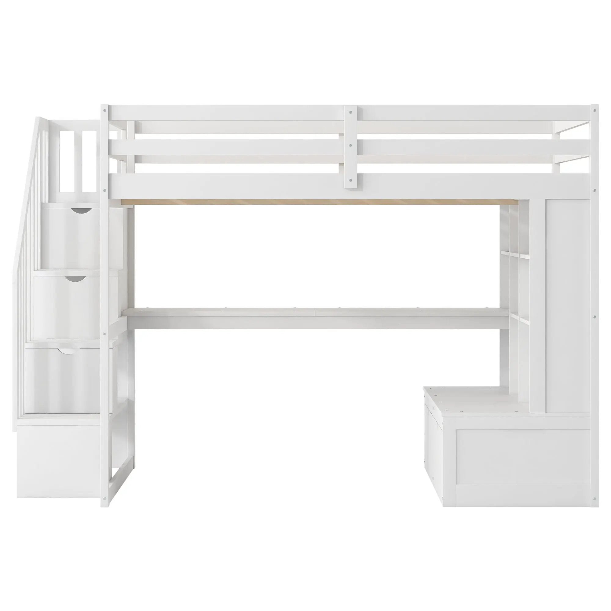 Full Size Loft Bed With Desk And Shelves, 2 Built In Drawers, Storage Staircase - White by HouseOfZazla