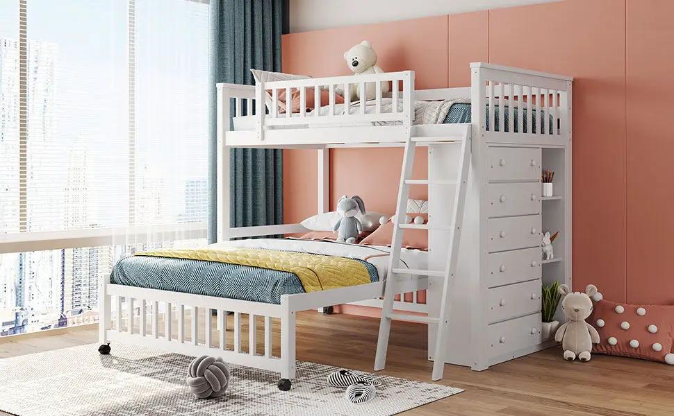 Bunk Bed With 6 Drawers And Flexible Shelves, Bottom Bed With Wheels by HouseOfZazla