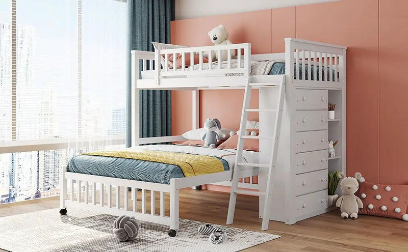 Bunk Bed With 6 Drawers And Flexible Shelves, Bottom Bed With Wheels by HouseOfZazla