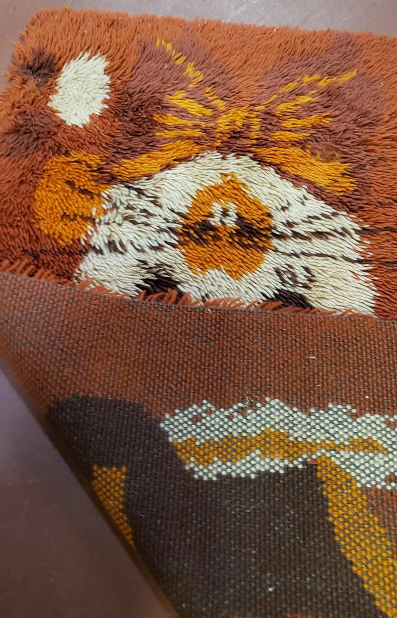 2x3 Rya Shag Rug Mid-Century Modern Danish Shag Rug 1960s Accent Rug Bunny Rabbit in Hat Dark Orange Small Shag Rug by Jewel Rugs